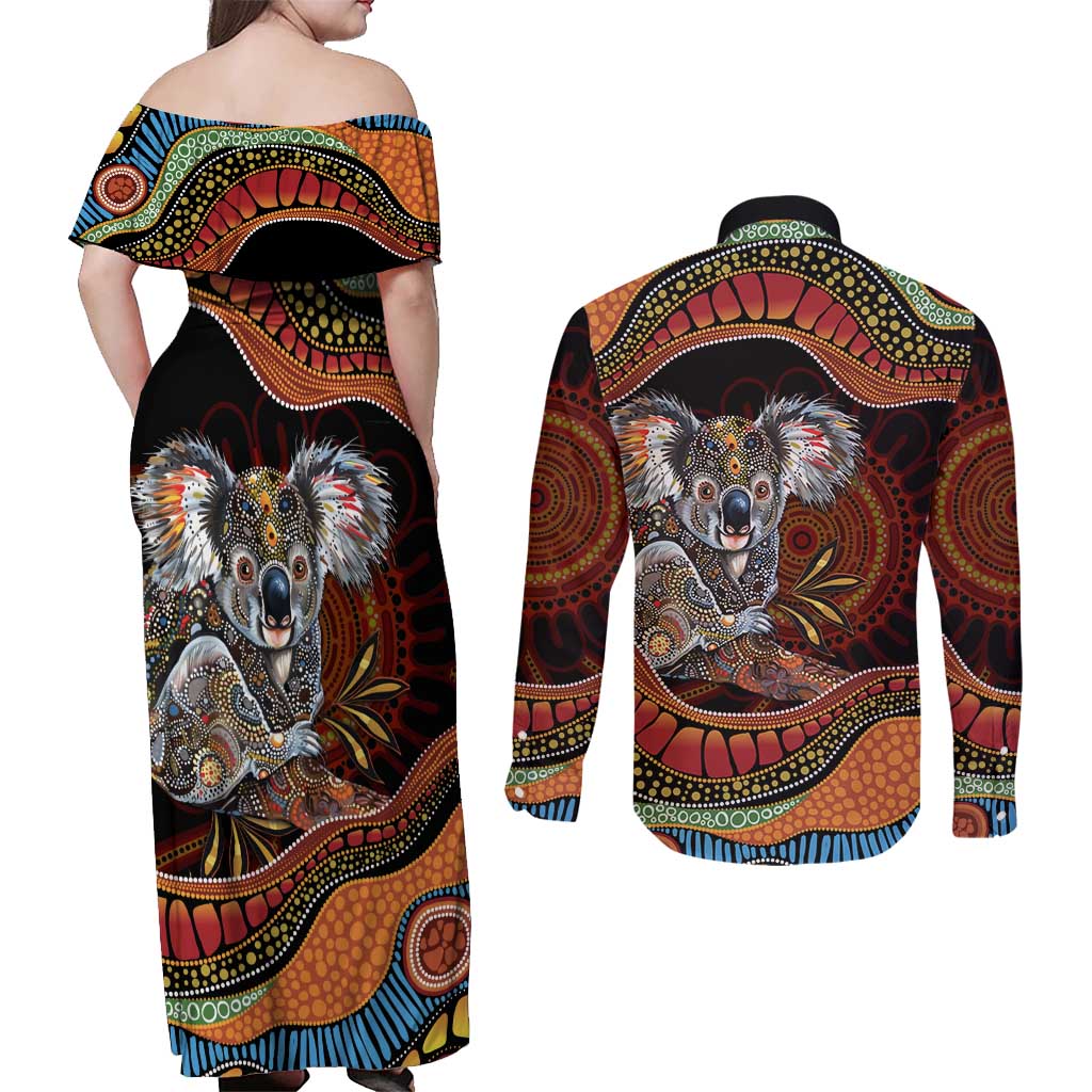 Indigenous Koala Australia Couples Matching Off Shoulder Maxi Dress and Long Sleeve Button Shirt Australian Aboriginal Art Proud