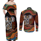Indigenous Koala Australia Couples Matching Off Shoulder Maxi Dress and Long Sleeve Button Shirt Australian Aboriginal Art Proud