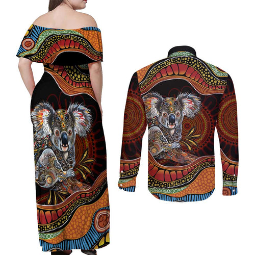 Indigenous Koala Australia Couples Matching Off Shoulder Maxi Dress and Long Sleeve Button Shirt Australian Aboriginal Art Proud