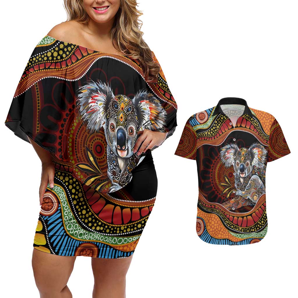 Indigenous Koala Australia Couples Matching Off Shoulder Short Dress and Hawaiian Shirt Australian Aboriginal Art Proud