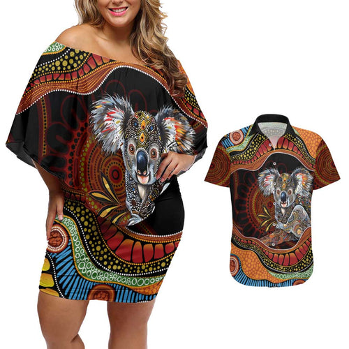Indigenous Koala Australia Couples Matching Off Shoulder Short Dress and Hawaiian Shirt Australian Aboriginal Art Proud