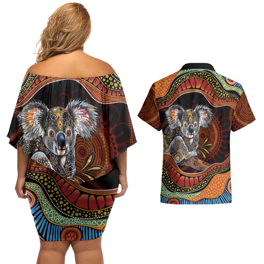 Indigenous Koala Australia Couples Matching Off Shoulder Short Dress and Hawaiian Shirt Australian Aboriginal Art Proud