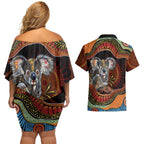 Indigenous Koala Australia Couples Matching Off Shoulder Short Dress and Hawaiian Shirt Australian Aboriginal Art Proud