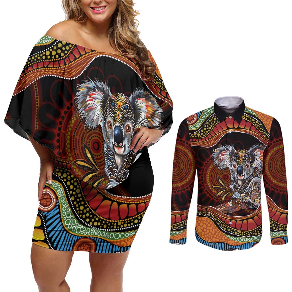 Indigenous Koala Australia Couples Matching Off Shoulder Short Dress and Long Sleeve Button Shirt Australian Aboriginal Art Proud