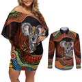 Indigenous Koala Australia Couples Matching Off Shoulder Short Dress and Long Sleeve Button Shirt Australian Aboriginal Art Proud