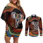 Indigenous Koala Australia Couples Matching Off Shoulder Short Dress and Long Sleeve Button Shirt Australian Aboriginal Art Proud