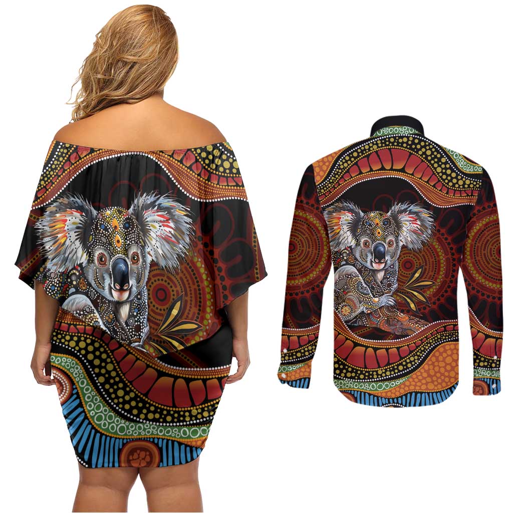 Indigenous Koala Australia Couples Matching Off Shoulder Short Dress and Long Sleeve Button Shirt Australian Aboriginal Art Proud