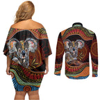 Indigenous Koala Australia Couples Matching Off Shoulder Short Dress and Long Sleeve Button Shirt Australian Aboriginal Art Proud