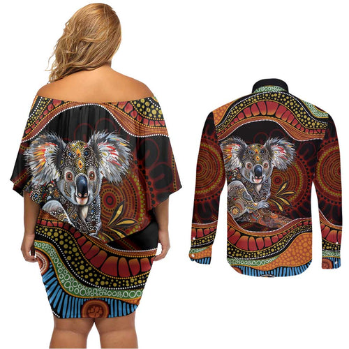 Indigenous Koala Australia Couples Matching Off Shoulder Short Dress and Long Sleeve Button Shirt Australian Aboriginal Art Proud