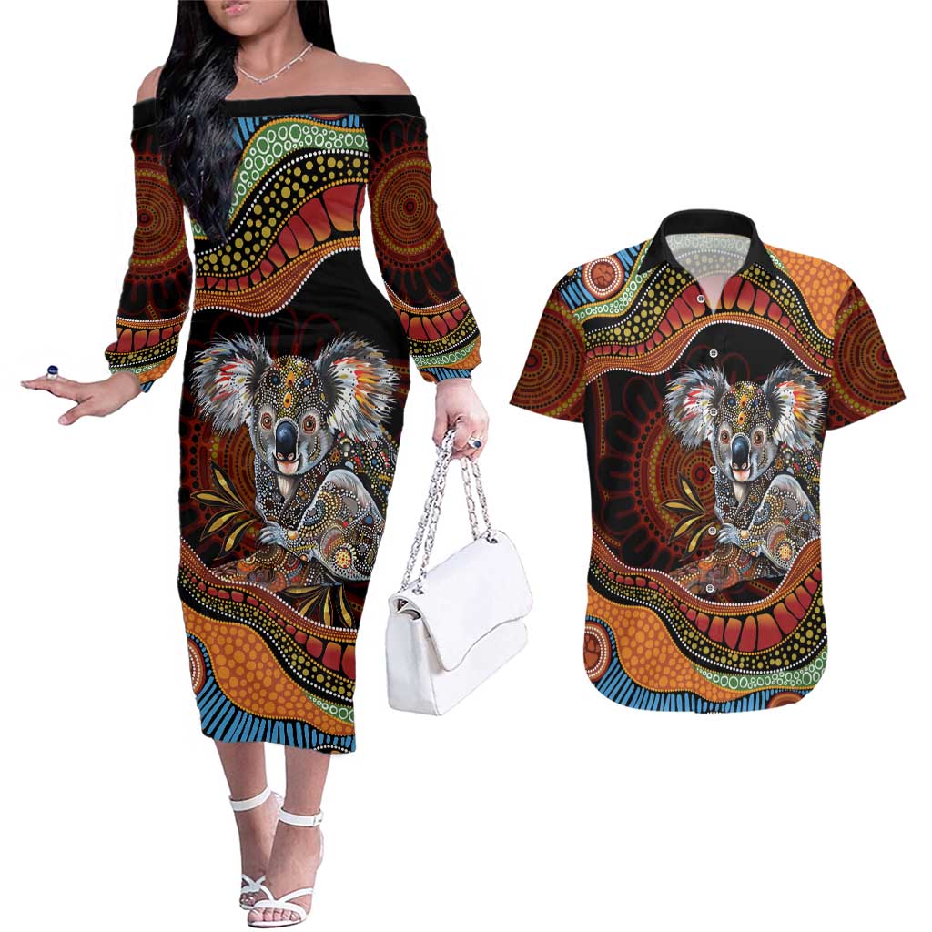 Indigenous Koala Australia Couples Matching Off The Shoulder Long Sleeve Dress and Hawaiian Shirt Australian Aboriginal Art Proud