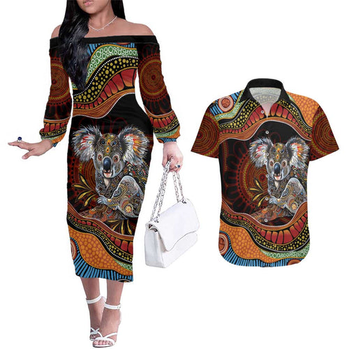 Indigenous Koala Australia Couples Matching Off The Shoulder Long Sleeve Dress and Hawaiian Shirt Australian Aboriginal Art Proud