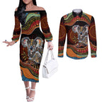 Indigenous Koala Australia Couples Matching Off The Shoulder Long Sleeve Dress and Long Sleeve Button Shirt Australian Aboriginal Art Proud