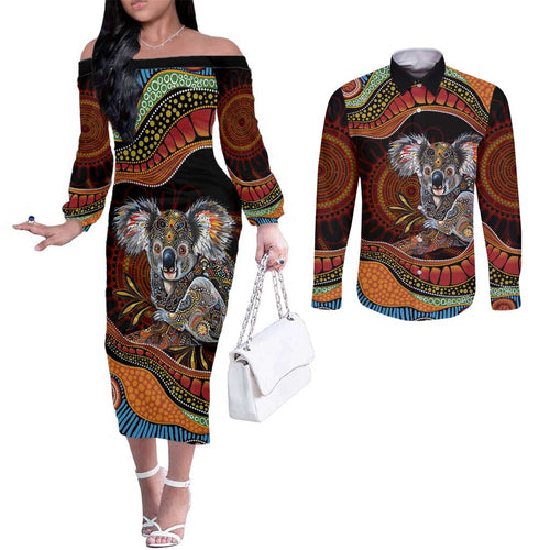 Indigenous Koala Australia Couples Matching Off The Shoulder Long Sleeve Dress and Long Sleeve Button Shirt Australian Aboriginal Art Proud