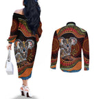 Indigenous Koala Australia Couples Matching Off The Shoulder Long Sleeve Dress and Long Sleeve Button Shirt Australian Aboriginal Art Proud