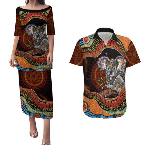 Indigenous Koala Australia Couples Matching Puletasi and Hawaiian Shirt Australian Aboriginal Art Proud