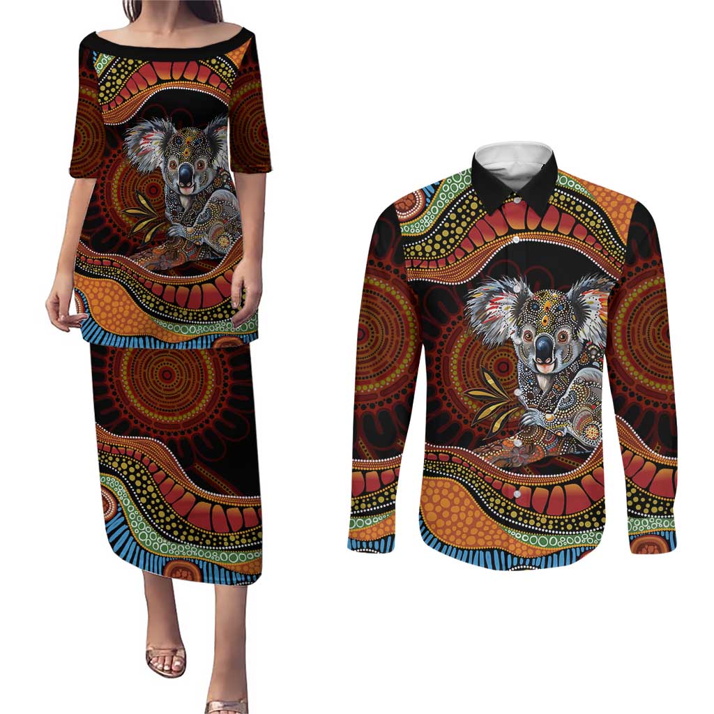 Indigenous Koala Australia Couples Matching Puletasi and Long Sleeve Button Shirt Australian Aboriginal Art Proud
