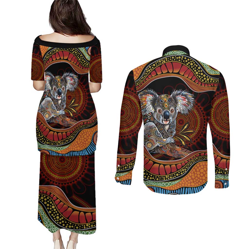 Indigenous Koala Australia Couples Matching Puletasi and Long Sleeve Button Shirt Australian Aboriginal Art Proud