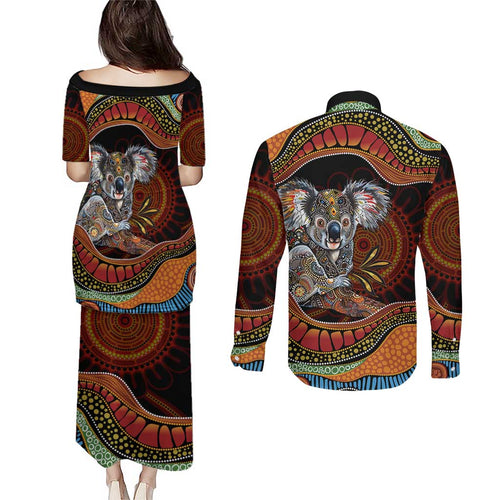 Indigenous Koala Australia Couples Matching Puletasi and Long Sleeve Button Shirt Australian Aboriginal Art Proud