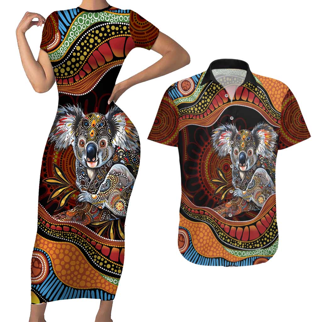 Indigenous Koala Australia Couples Matching Short Sleeve Bodycon Dress and Hawaiian Shirt Australian Aboriginal Art Proud