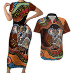 Indigenous Koala Australia Couples Matching Short Sleeve Bodycon Dress and Hawaiian Shirt Australian Aboriginal Art Proud