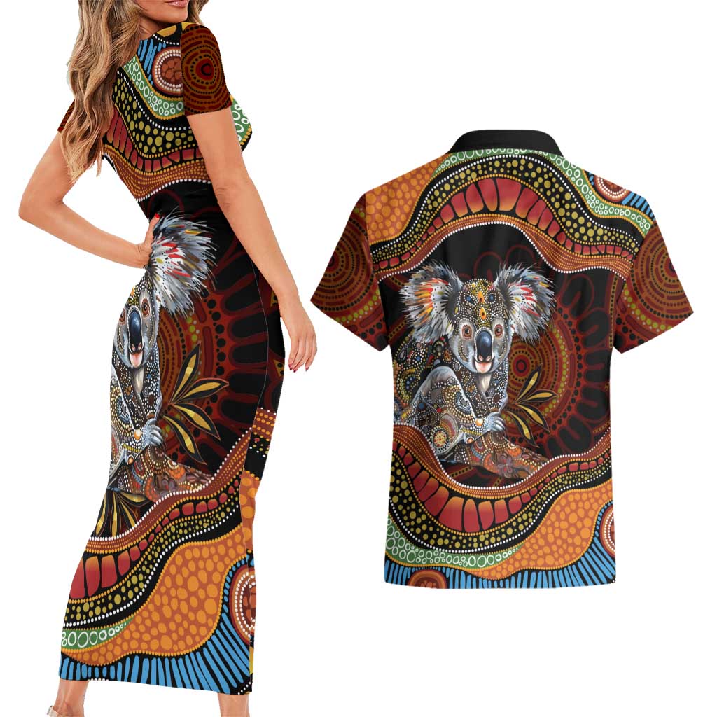 Indigenous Koala Australia Couples Matching Short Sleeve Bodycon Dress and Hawaiian Shirt Australian Aboriginal Art Proud