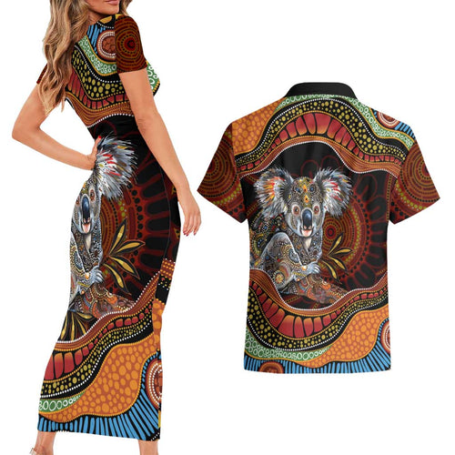 Indigenous Koala Australia Couples Matching Short Sleeve Bodycon Dress and Hawaiian Shirt Australian Aboriginal Art Proud
