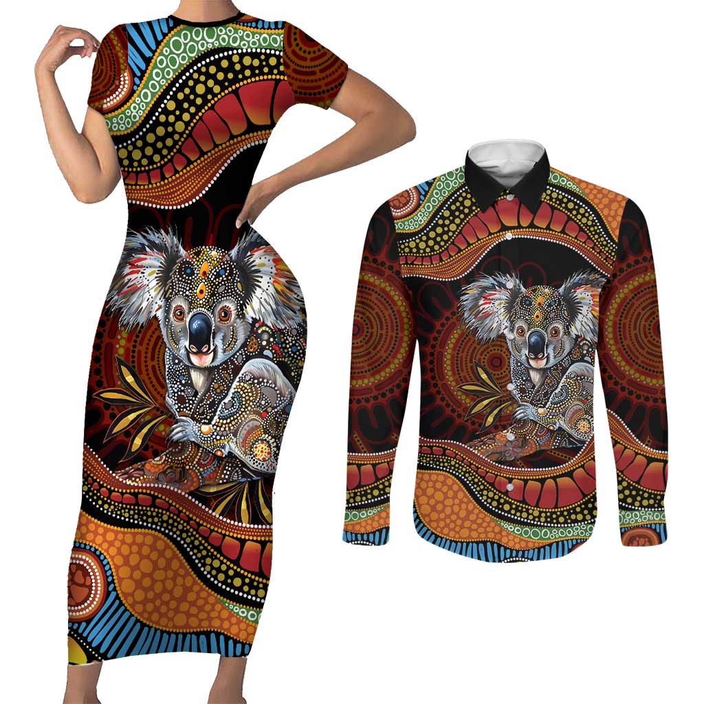 Indigenous Koala Australia Couples Matching Short Sleeve Bodycon Dress and Long Sleeve Button Shirt Australian Aboriginal Art Proud