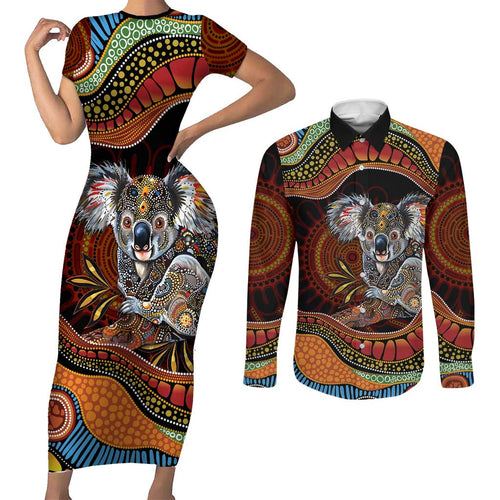 Indigenous Koala Australia Couples Matching Short Sleeve Bodycon Dress and Long Sleeve Button Shirt Australian Aboriginal Art Proud