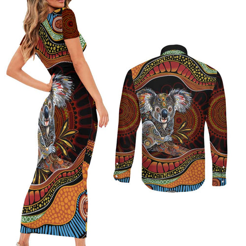 Indigenous Koala Australia Couples Matching Short Sleeve Bodycon Dress and Long Sleeve Button Shirt Australian Aboriginal Art Proud