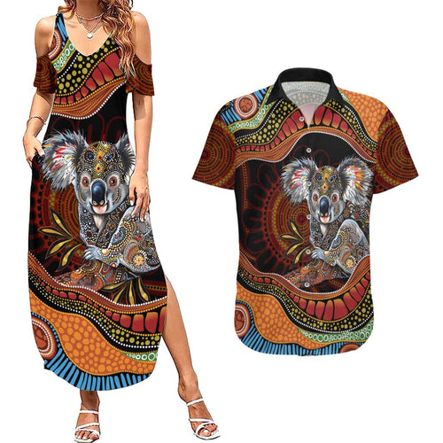 Indigenous Koala Australia Couples Matching Summer Maxi Dress and Hawaiian Shirt Australian Aboriginal Art Proud