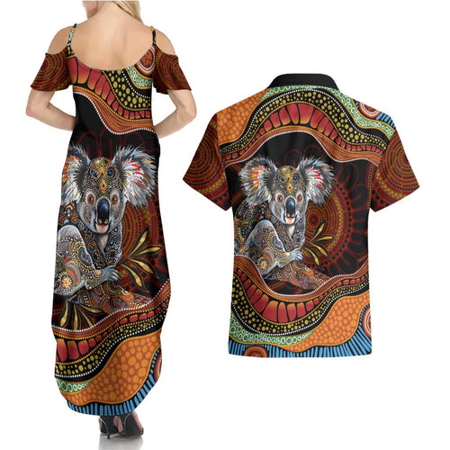 Indigenous Koala Australia Couples Matching Summer Maxi Dress and Hawaiian Shirt Australian Aboriginal Art Proud