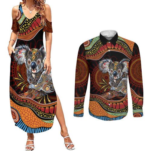 Indigenous Koala Australia Couples Matching Summer Maxi Dress and Long Sleeve Button Shirt Australian Aboriginal Art Proud