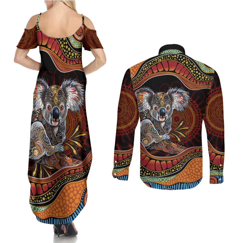 Indigenous Koala Australia Couples Matching Summer Maxi Dress and Long Sleeve Button Shirt Australian Aboriginal Art Proud