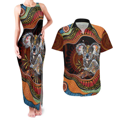 Indigenous Koala Australia Couples Matching Tank Maxi Dress and Hawaiian Shirt Australian Aboriginal Art Proud