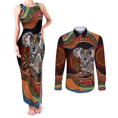 Indigenous Koala Australia Couples Matching Tank Maxi Dress and Long Sleeve Button Shirt Australian Aboriginal Art Proud