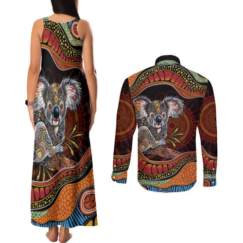 Indigenous Koala Australia Couples Matching Tank Maxi Dress and Long Sleeve Button Shirt Australian Aboriginal Art Proud