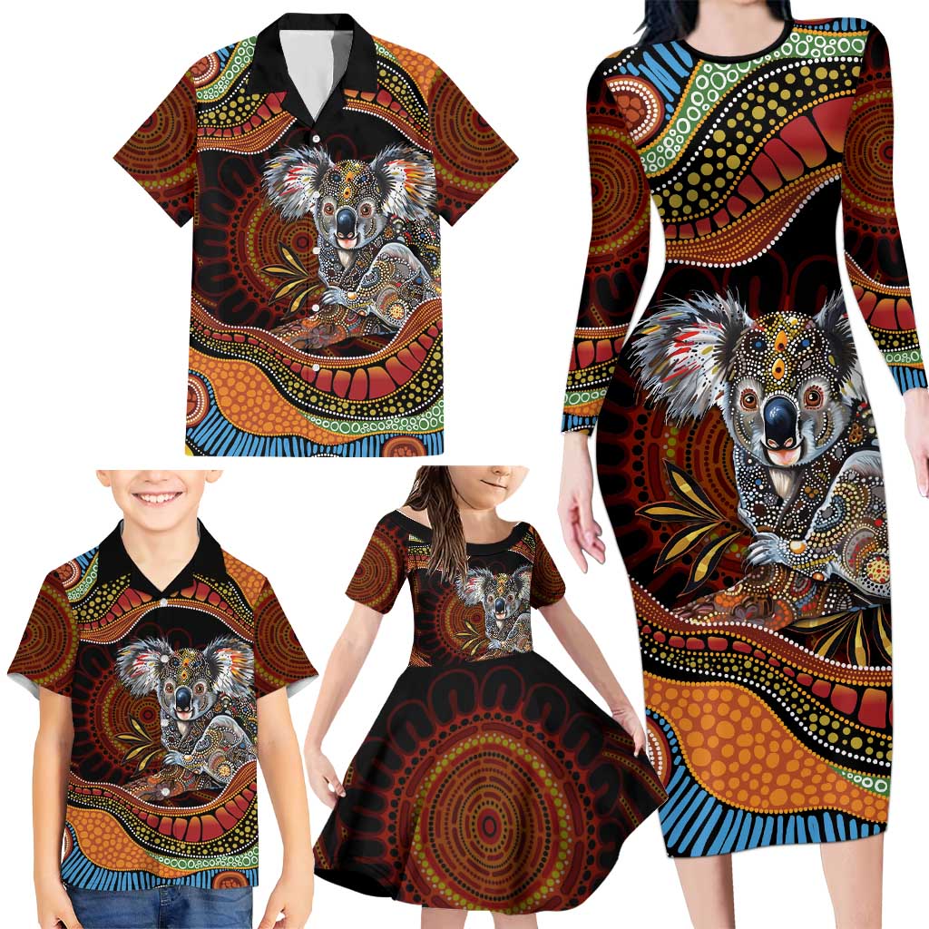 Indigenous Koala Australia Family Matching Long Sleeve Bodycon Dress and Hawaiian Shirt Australian Aboriginal Art Proud