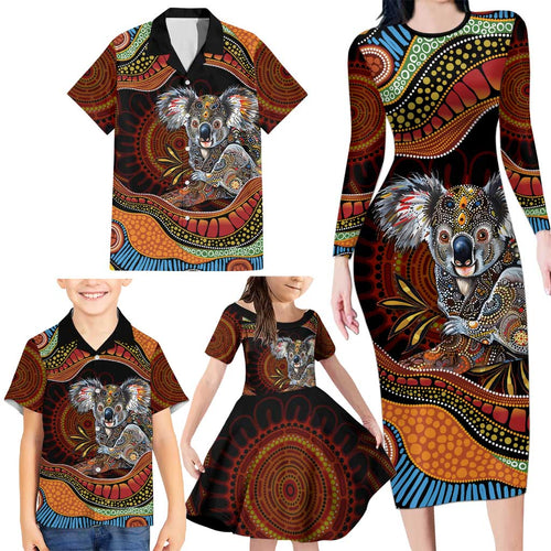Indigenous Koala Australia Family Matching Long Sleeve Bodycon Dress and Hawaiian Shirt Australian Aboriginal Art Proud