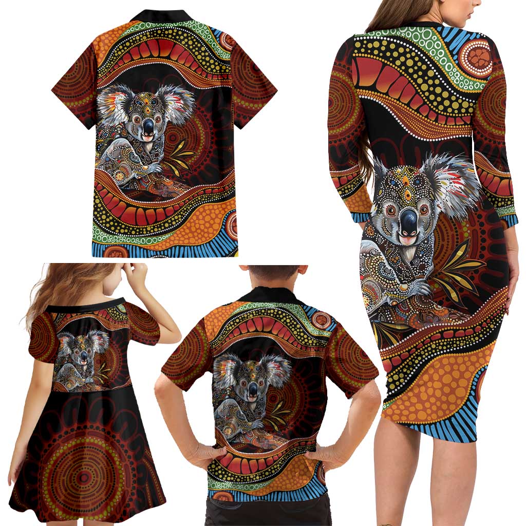 Indigenous Koala Australia Family Matching Long Sleeve Bodycon Dress and Hawaiian Shirt Australian Aboriginal Art Proud