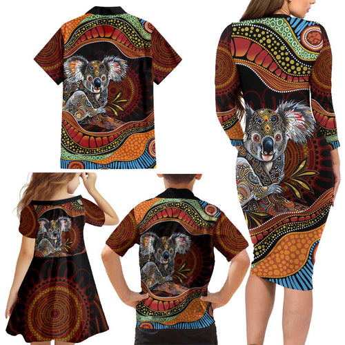 Indigenous Koala Australia Family Matching Long Sleeve Bodycon Dress and Hawaiian Shirt Australian Aboriginal Art Proud