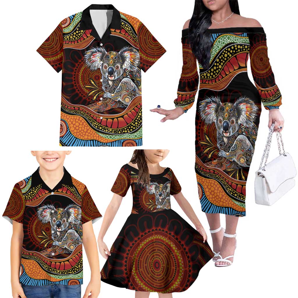 Indigenous Koala Australia Family Matching Off The Shoulder Long Sleeve Dress and Hawaiian Shirt Australian Aboriginal Art Proud