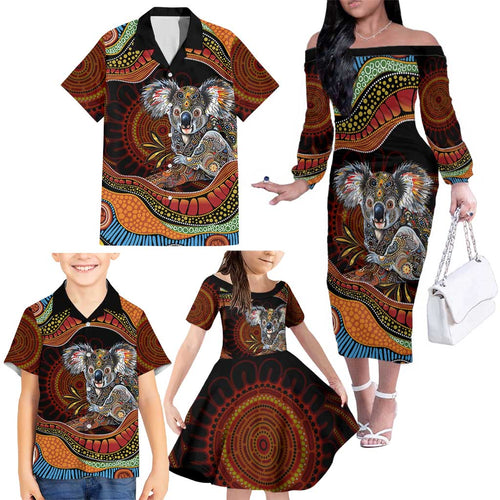 Indigenous Koala Australia Family Matching Off The Shoulder Long Sleeve Dress and Hawaiian Shirt Australian Aboriginal Art Proud