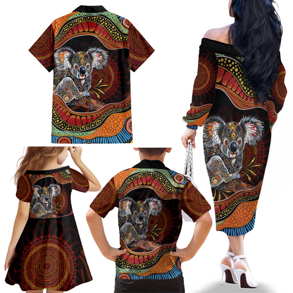 Indigenous Koala Australia Family Matching Off The Shoulder Long Sleeve Dress and Hawaiian Shirt Australian Aboriginal Art Proud