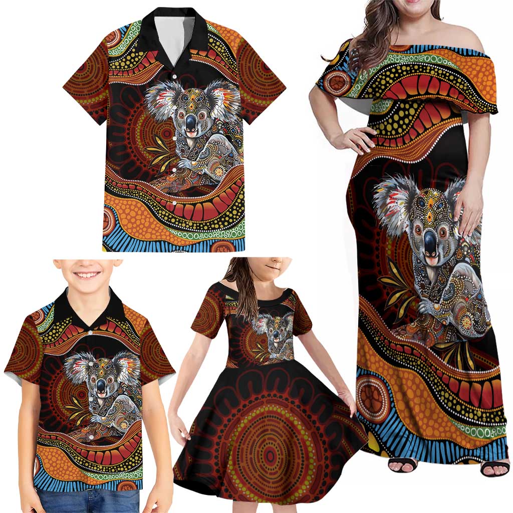 Indigenous Koala Australia Family Matching Off Shoulder Maxi Dress and Hawaiian Shirt Australian Aboriginal Art Proud