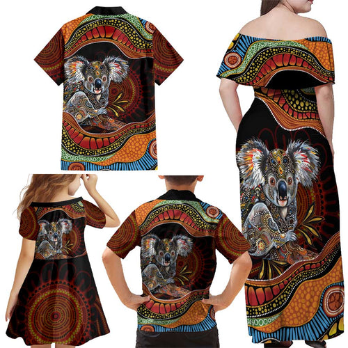 Indigenous Koala Australia Family Matching Off Shoulder Maxi Dress and Hawaiian Shirt Australian Aboriginal Art Proud