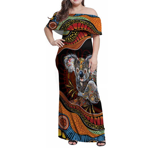 Indigenous Koala Australia Family Matching Off Shoulder Maxi Dress and Hawaiian Shirt Australian Aboriginal Art Proud