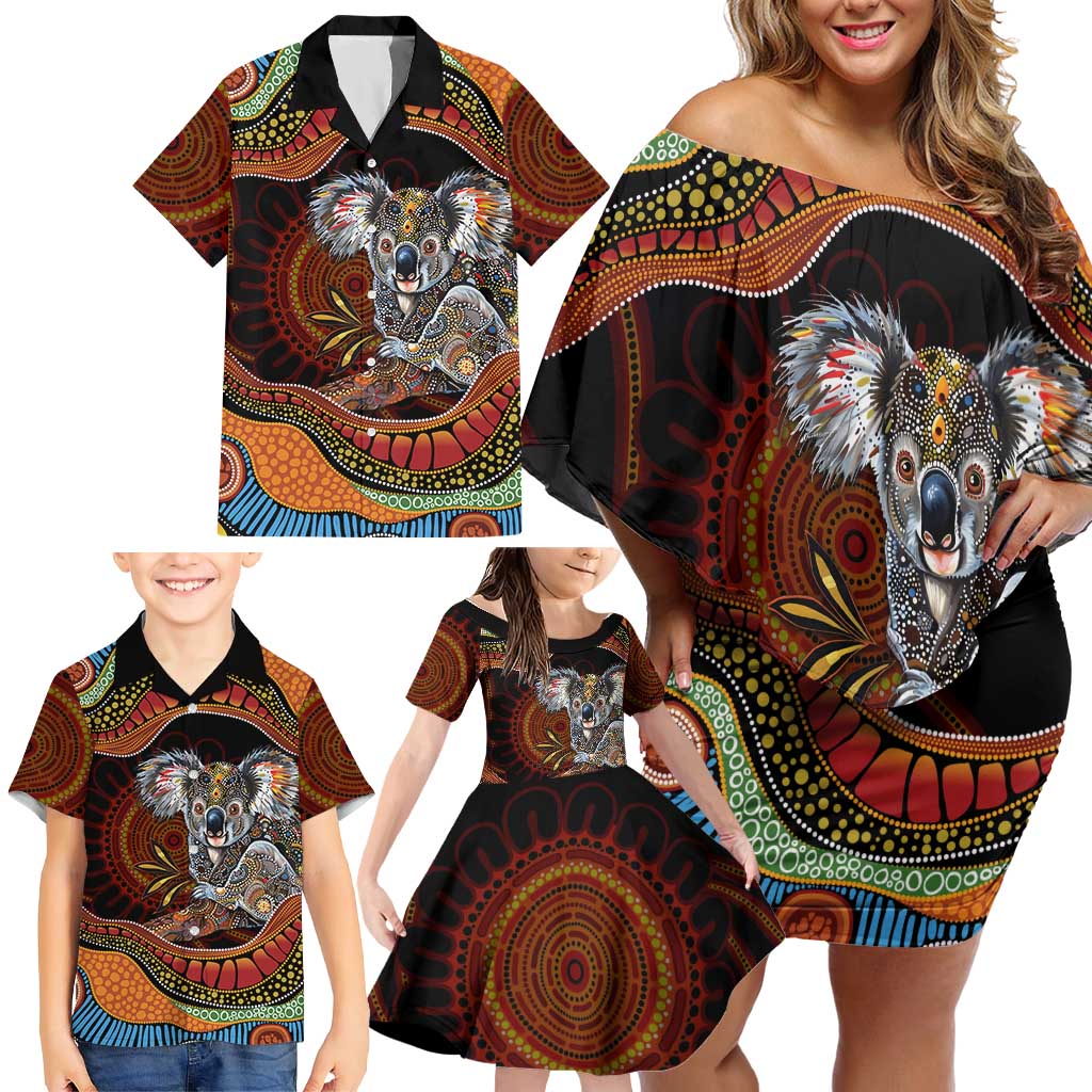 Indigenous Koala Australia Family Matching Off Shoulder Short Dress and Hawaiian Shirt Australian Aboriginal Art Proud