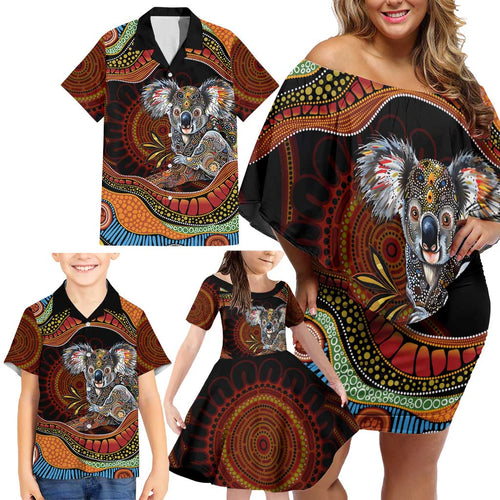 Indigenous Koala Australia Family Matching Off Shoulder Short Dress and Hawaiian Shirt Australian Aboriginal Art Proud