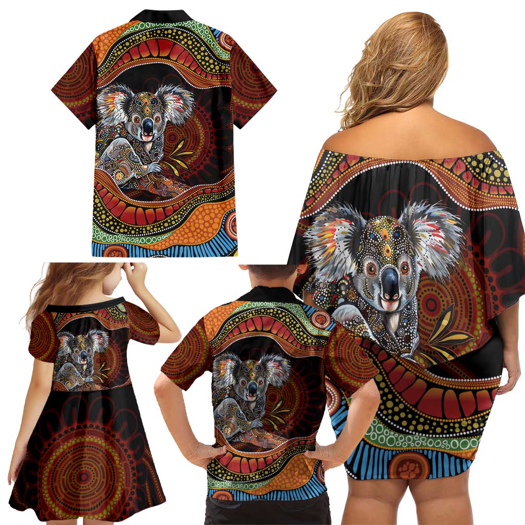 Indigenous Koala Australia Family Matching Off Shoulder Short Dress and Hawaiian Shirt Australian Aboriginal Art Proud