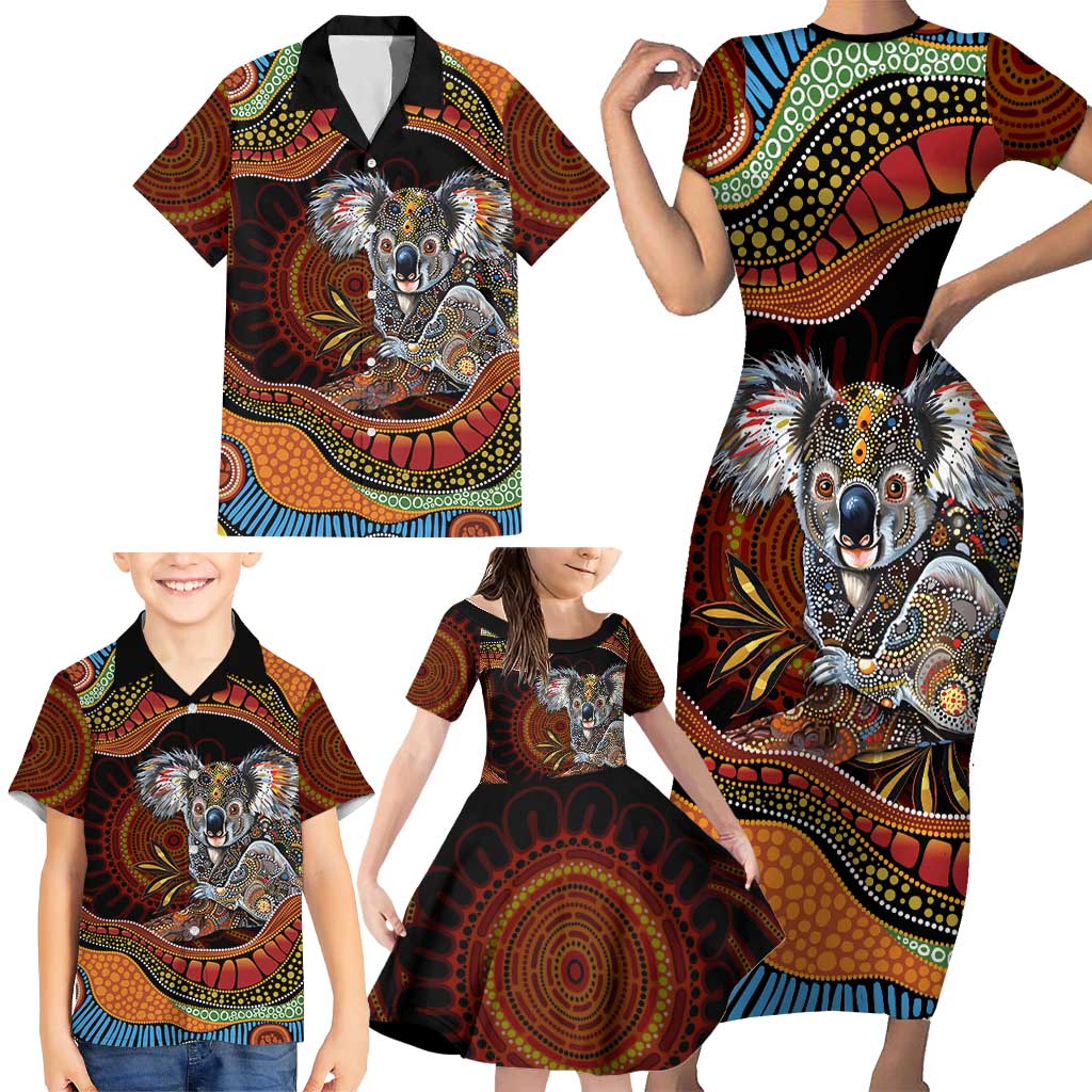 Indigenous Koala Australia Family Matching Short Sleeve Bodycon Dress and Hawaiian Shirt Australian Aboriginal Art Proud